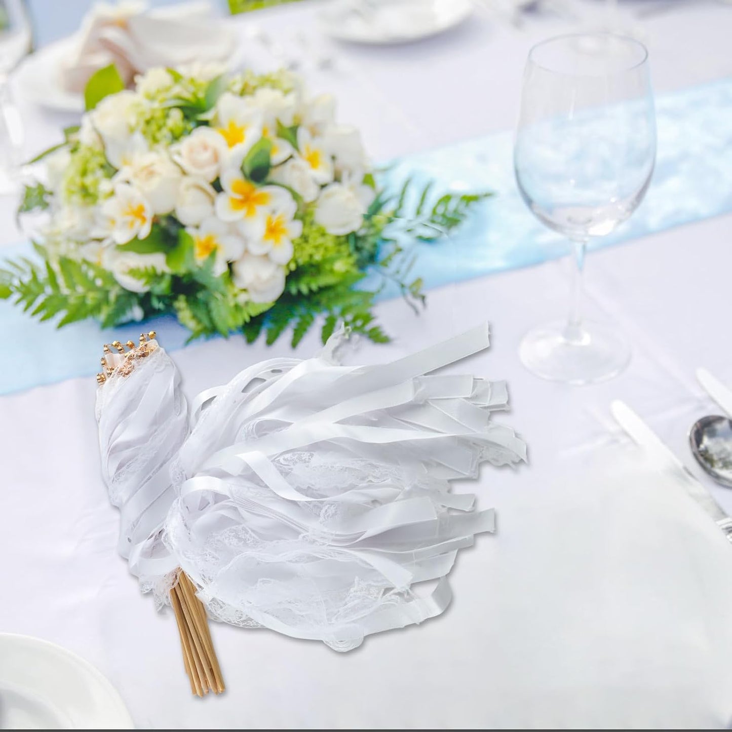 30 Pcs White Wedding Wands, Lace Wedding Streamers, Ribbon Streamers, Wedding Exit Items, Wedding Send Off Ideas, Dance Floor Props Sticks with Bells for Holiday Celebration Birthday Favors
