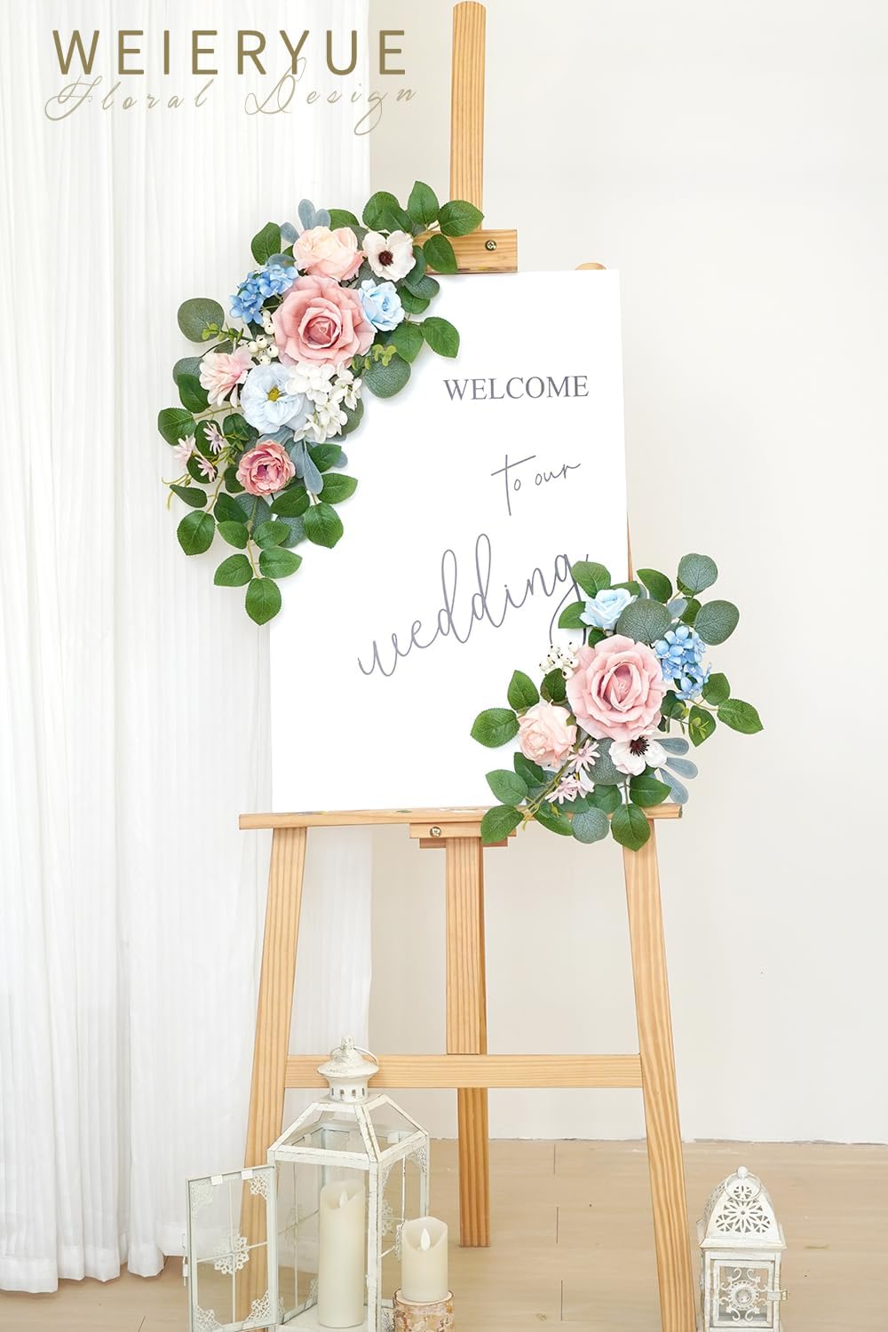 WEIERYUE(Pack of 2 Artificial Flowers Decorations,Artificial Arch Backdrop Garlandfor Ceremony Party Reception Entrance Welcome Easel Door Floral Decor Wall Home Entryway Outdoor (Soft Blue Powder)