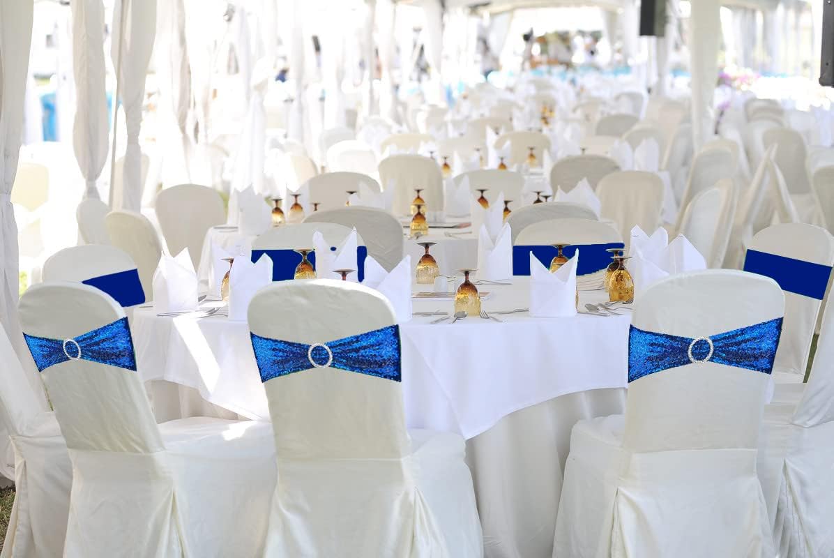 10 Pcs Chair Sashes Sequin Stretch Chair Bands Spandex Polyester Bows for Party Hotel Wedding Banquets Decoration - Royal Blue