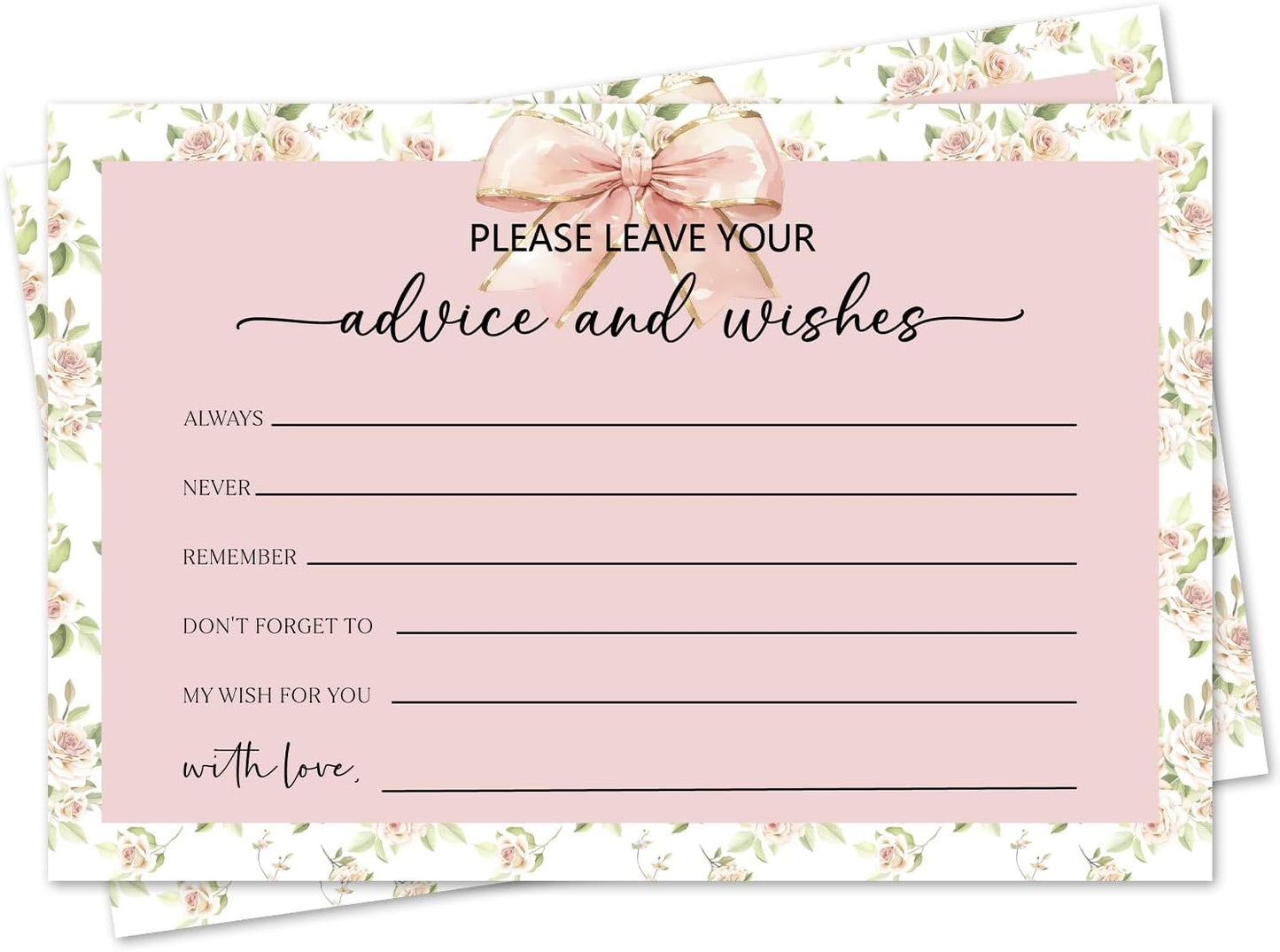 Pink Bow Advice and Wishes Card, Flower Advice Cards for The Bride and Groom, Bridal Shower,Wedding or Baby Shower, Birthday, Graduation, Retirement, Guestbook - 25 Cards -11