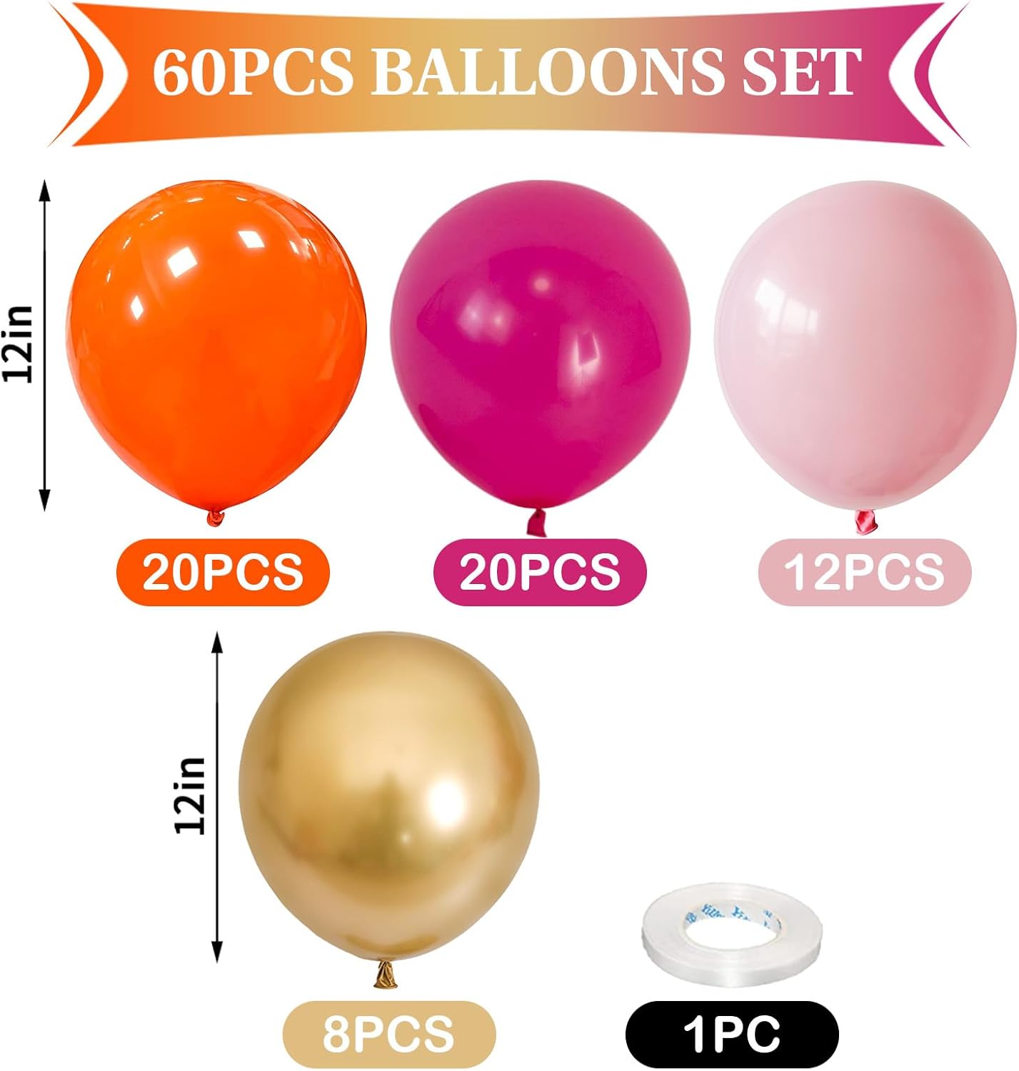 Hot Pink and Orange Gold Balloons 12inch 60pcs Light Pink Metallic Gold Helium Latex Balloon for Arch Birthday Tropical Fiesta Summer Party Decorations Boho Baby Shower Graduations