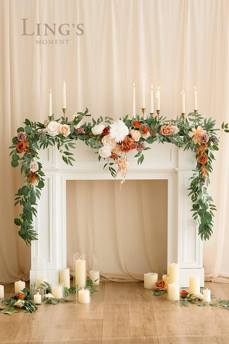Ling's moment Fall 9FT Flower Garland for Backdrop Decorations - Wedding Arch Flowers, Eucalyptus & Rose, Artificial Floral Garland for Mantle - Sweetheart Table Decor for Ceremony, Terracotta