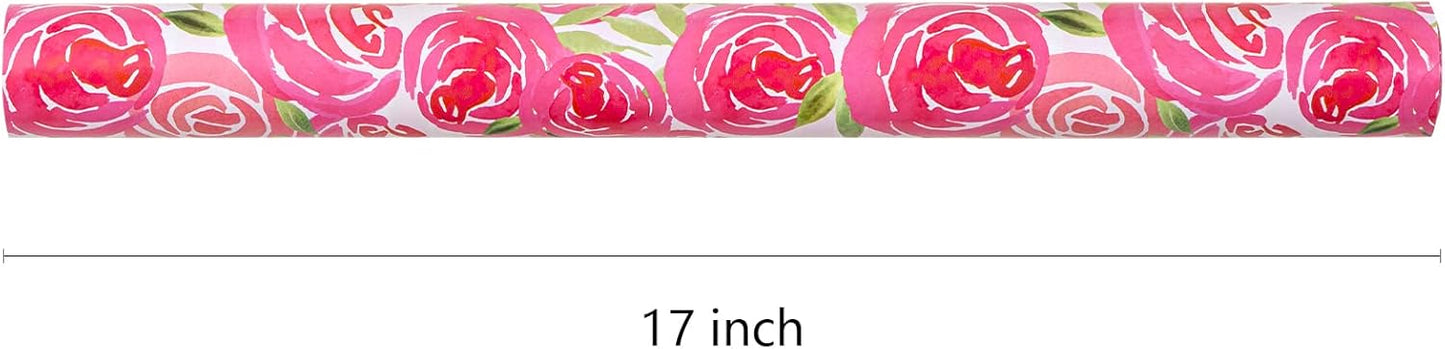 RUSPEPA Reversible Wrapping Paper Roll - Mini Roll - Watercolor Style Pink Rose and Stripe Pattern Great for Mother's Day, Birthday, Party, Wedding and More - 17 Inches X 32.8 Feet