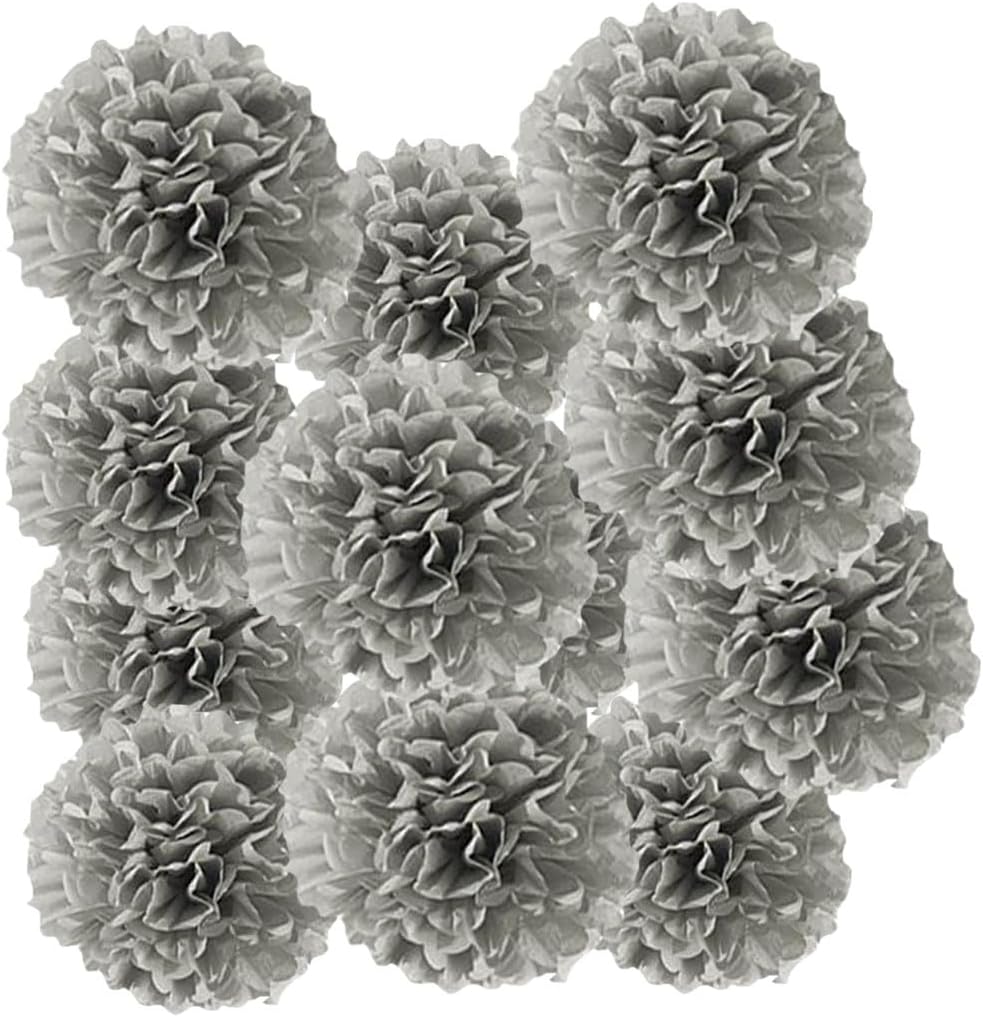 12pcs 10in 12in Grey Paper Pom Poms Tissue Paper Flower Hanging Paper Flower Balls Wedding Party Flower Decorations DIY Art Craft Blooms for Birthday Baby Shower Nursery Decor