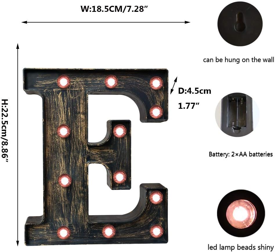 OYCBUZO Golden Black Led Marquee Letter - Industrial, Vintage Style Light Up Alphabet Letter Sign for Cafe Wedding Birthday Party Christmas Lamp Home Bar Initials Decor - E