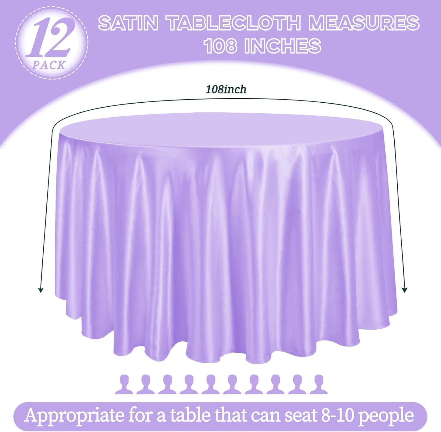 fani 12 Pack 108 Inch Lavender Satin Tablecloth - Silky Round Tablecloth Overlay Smooth Fabric Table Cover, Bright Table Decoration for Wedding Party Banquet Events Restaurant Kitchen Dining