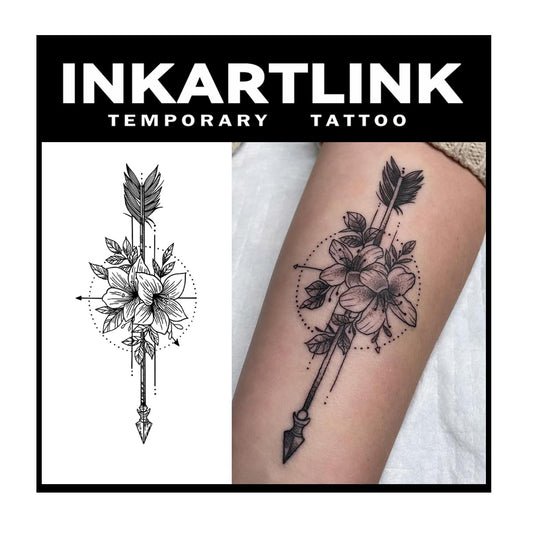 INKARTLINK Tattoo Tech, 2 Sheets Large Semi Permanent Tattoo, Adult Art Design Temporary Tattoos, Lasts 1-2 Weeks, Waterproof, Realistic Look, No Adhesive, No Reflection (Flower and Arrow Design)
