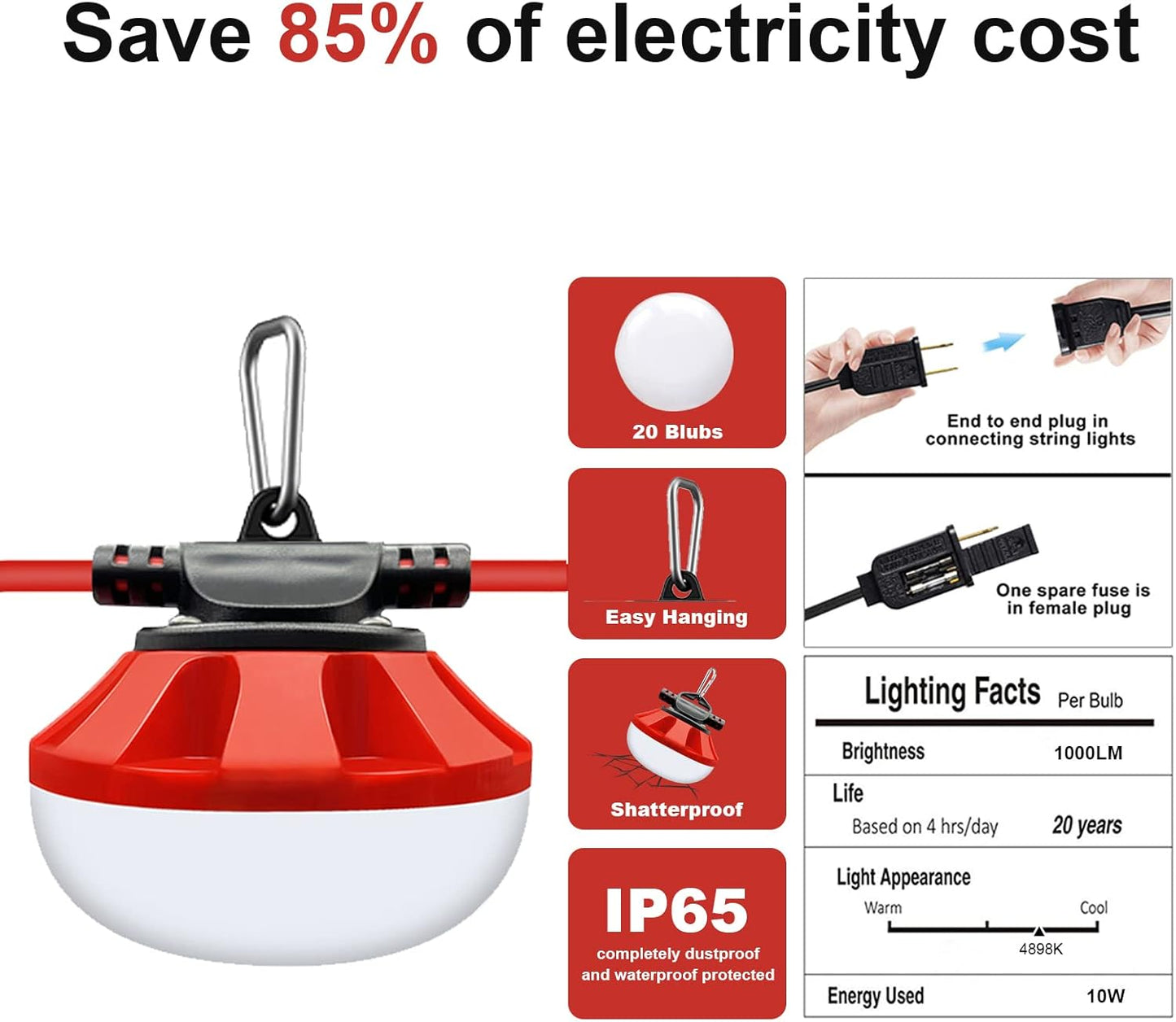 50FT LED Construction String Lights Temporary Lighting 5000LM Outdoor Construction Temporary Work Lights Super Bright,5 Medium Base Sockets Linkable Job Site Lighting Led Work Lights