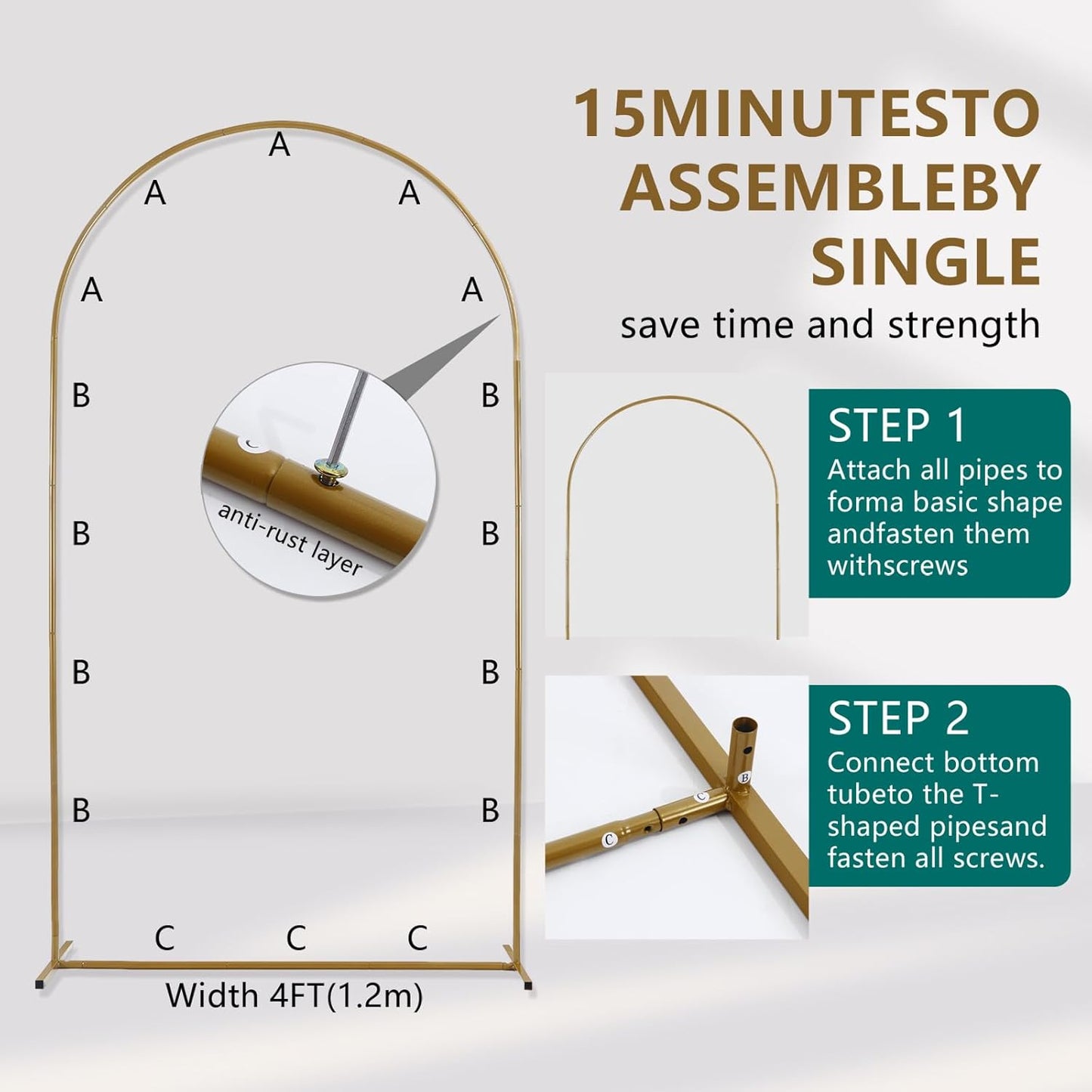 3-Pack Metal Arch Backdrop Stand Set (6/6.6/7.2FT) Heavy Duty Rust-Proof Wedding Decoration Frame with Crossbar Base for Party, Photo Booth, Balloon & Flowers Decor (Gold, 6FT,6.6FT,7.2FT)