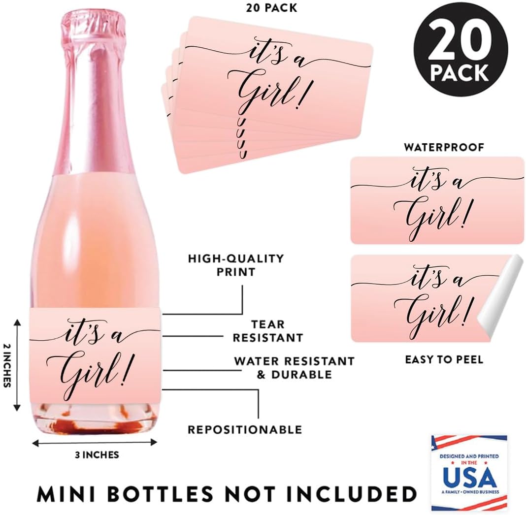Andaz Press Blush Pink Rose Elegant Party Baby Shower Collection, Waterproof Mini Champagne Wine or Milk Bottle Labels, It's a Girl!, 20-Pack, Party Favors Decor Gift Ideas