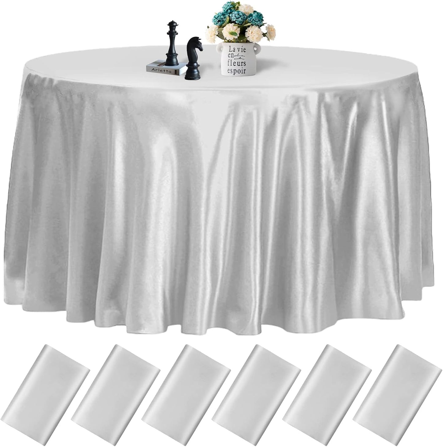 fani 6 Pack 108 Inch Sliver Round Tablecloth - Premium Silky Satin Tablecloth Overlay Smooth Fabric Table Cover Linens, Table Decoration for Wedding Party Banquet Events Restaurant Kitchen Dining