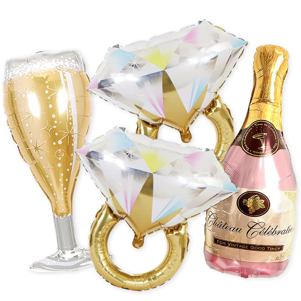 PartyForever 2 Gold Glitter Ring Bachelorette Party Balloons with 40inch Bottle Balloon and Glass