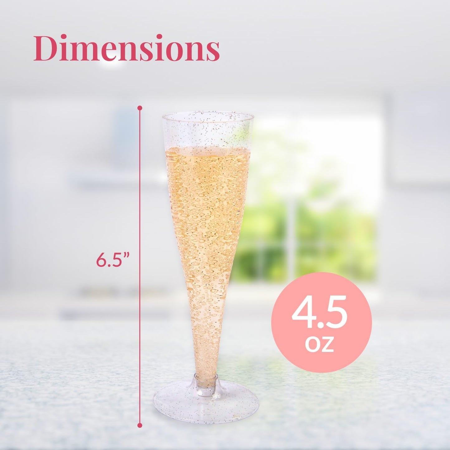 Prestee 24 Piece Plastic Champagne Flutes - 4.5 oz Plastic Wine Glasses with Rose Gold Glitter - Cocktail Glasses for Parties - Party Supplies for Mimosa Bar, Wedding, Shower Party and New Years Eve