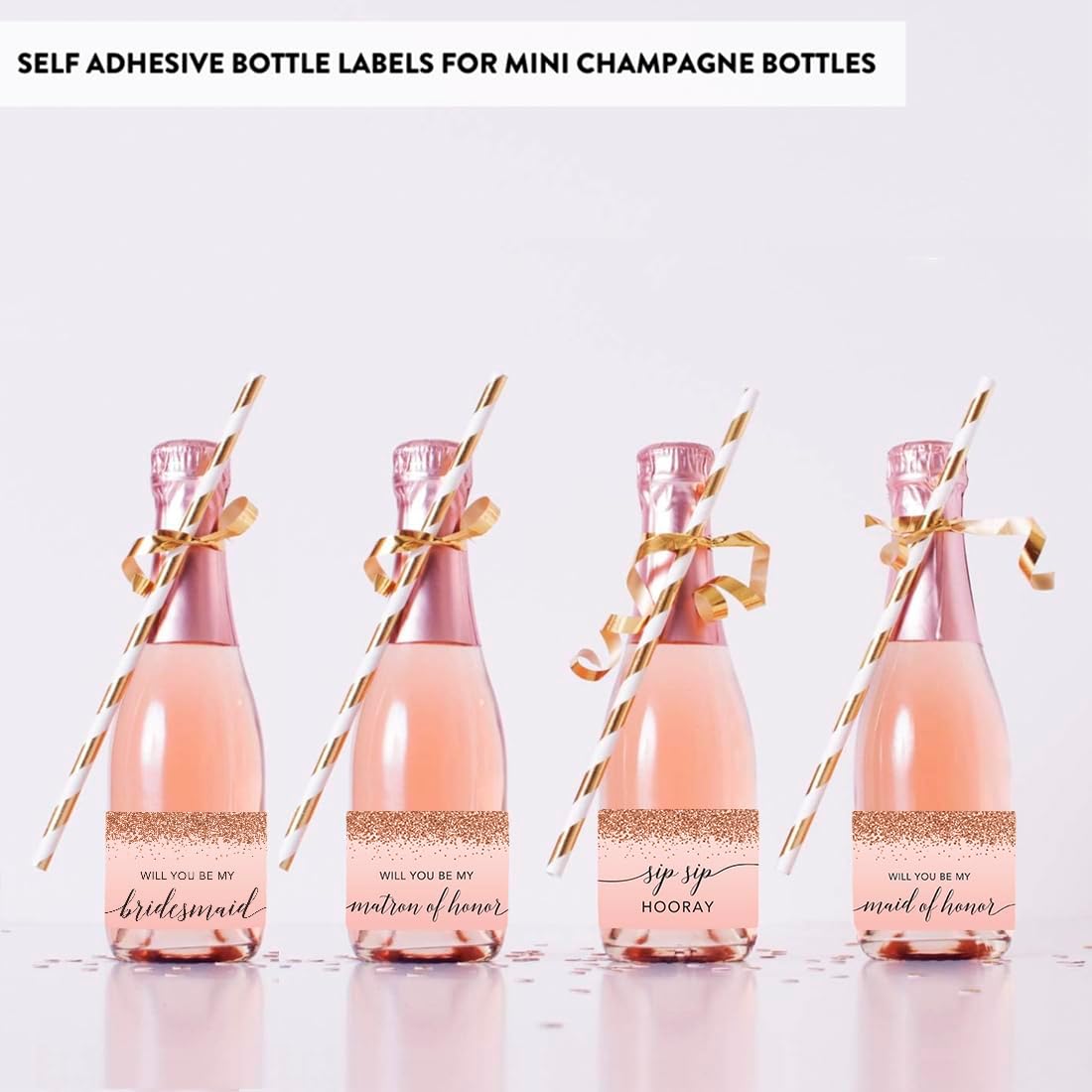 Andaz Press Mini Champagne Wine Bottle Proposal Labels - Will You Be My Bridesmaid? Matron Maid of Honor? - Blush Pink Faux Rose Gold Glitter 20-Pack Stickers