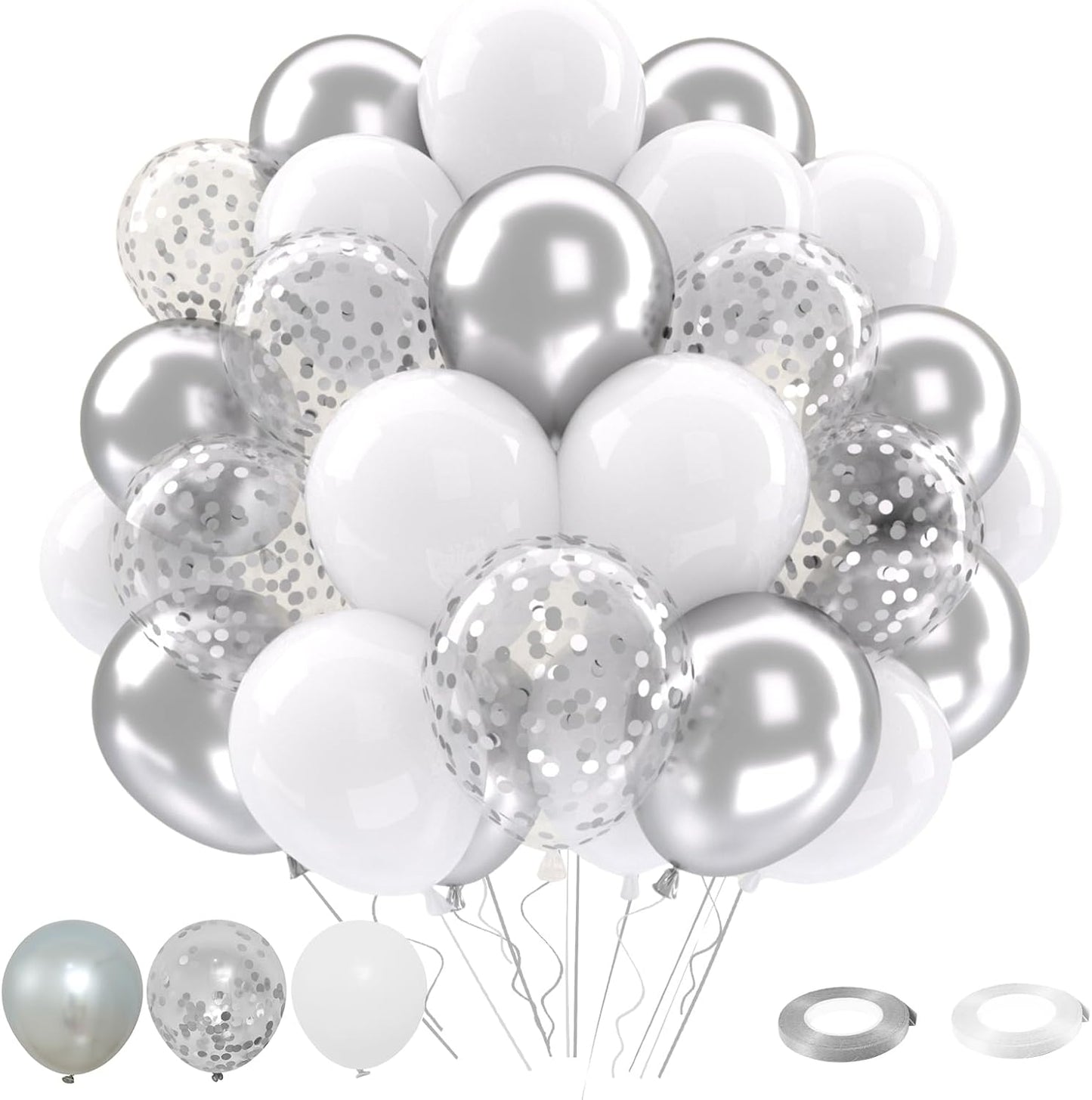 Patimate White and Silver Balloons Set, 50 pcs 12 inch Metallic Silver White Confetti Latex Balloons Kit for Birthday Wedding Anniversary Baby Shower Party Decorations