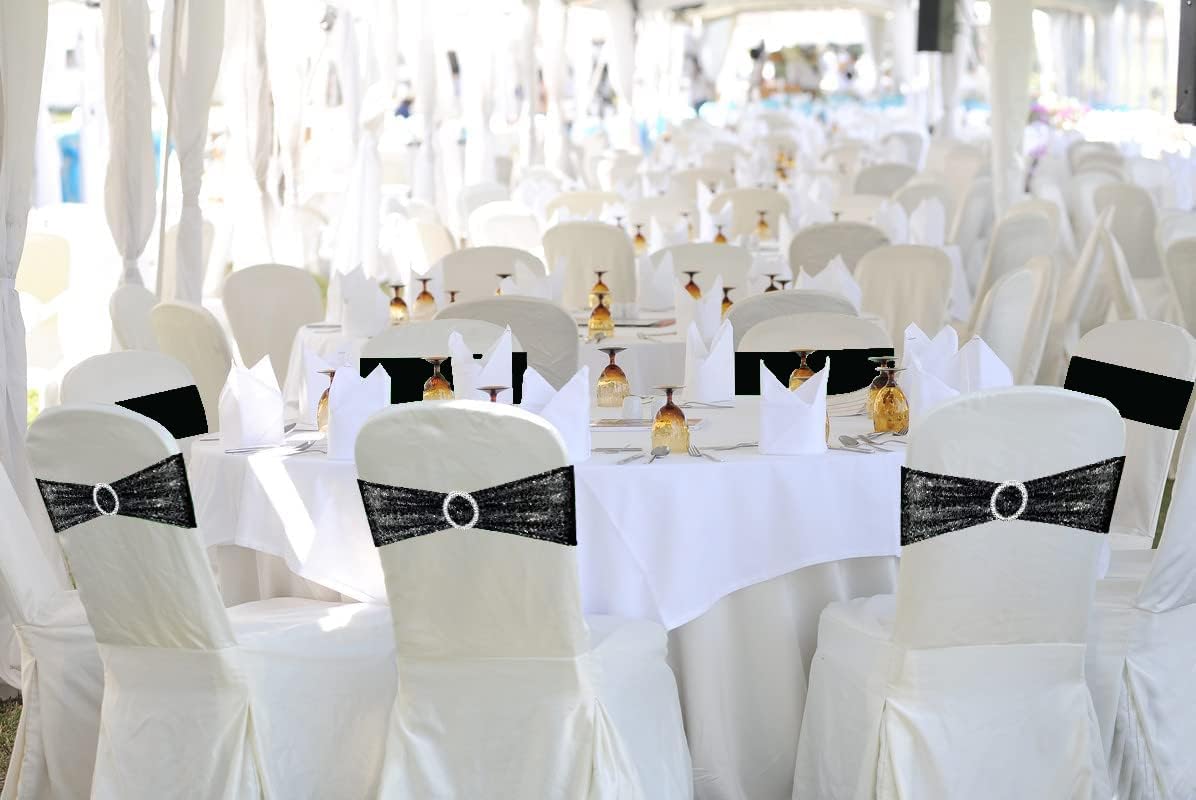 100 Pcs Chair Sashes Sequin Stretch Chair Bands Spandex Polyester Bows for Party Hotel Wedding Banquets Decoration - Black