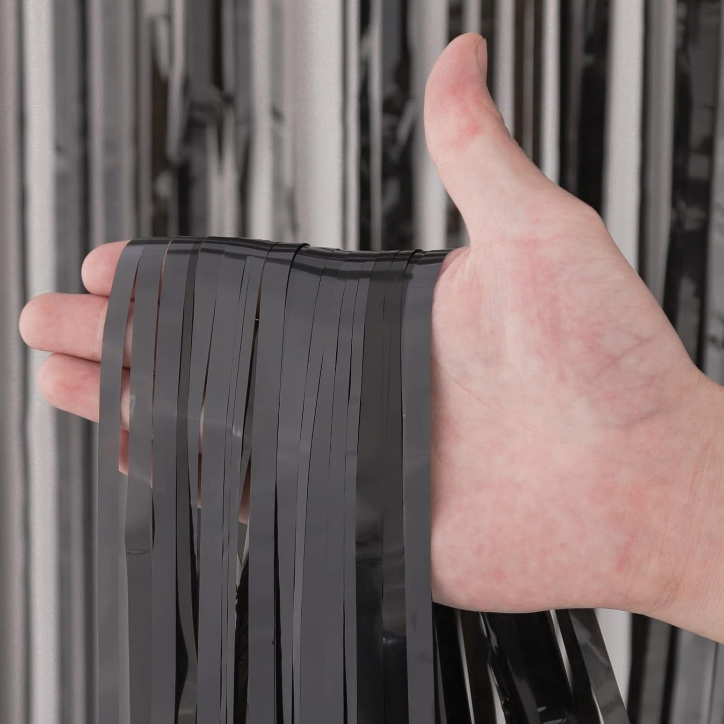 4 Pack Black Foil Fringe Backdrop Curtains, Tinsel Streamers Birthday Party Decorations, Fringe Backdrop for Graduation, Baby Shower, Gender Reveal, Disco Party