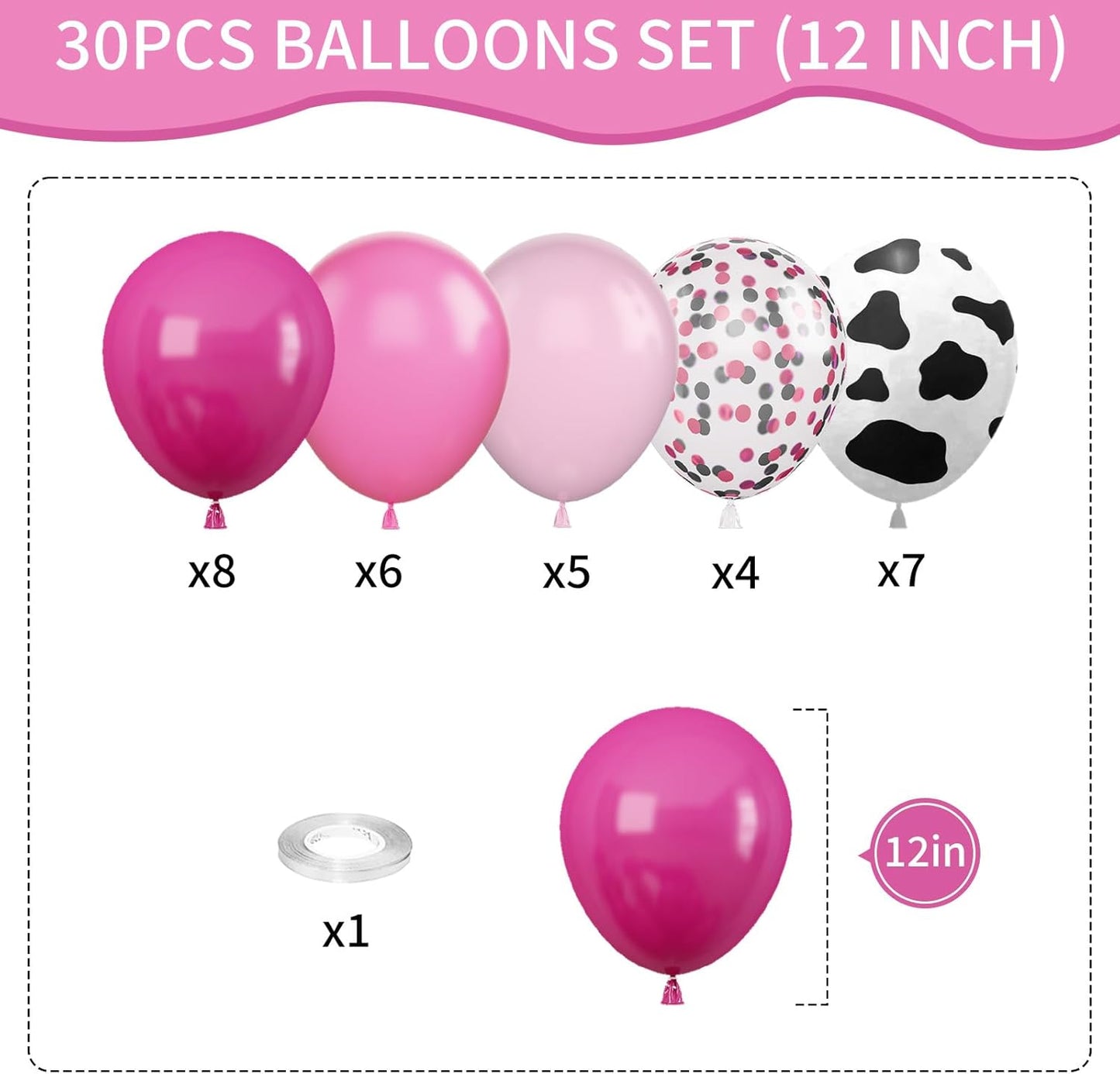 Cow Balloons, 12 Inch Pink Cow Print Balloon Hot Pink Pastel Pink Confetti Pink Helium Latex Balloons for Birthday, Girls, Cow Print Party, Cowgirl Rodeo Party, Farm Party Decorations Supplies