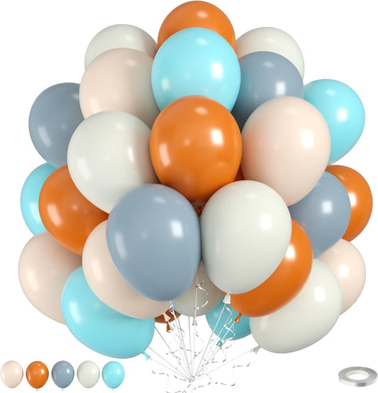 Blue and Orange Balloons, 50pcs Double Stuffed Cream White Balloons, Retro Orange Dusty Blue Teal Ivory Beige Balloon For Birthday Baby Shower Party Wedding Engagement Anniversary Graduation Decor