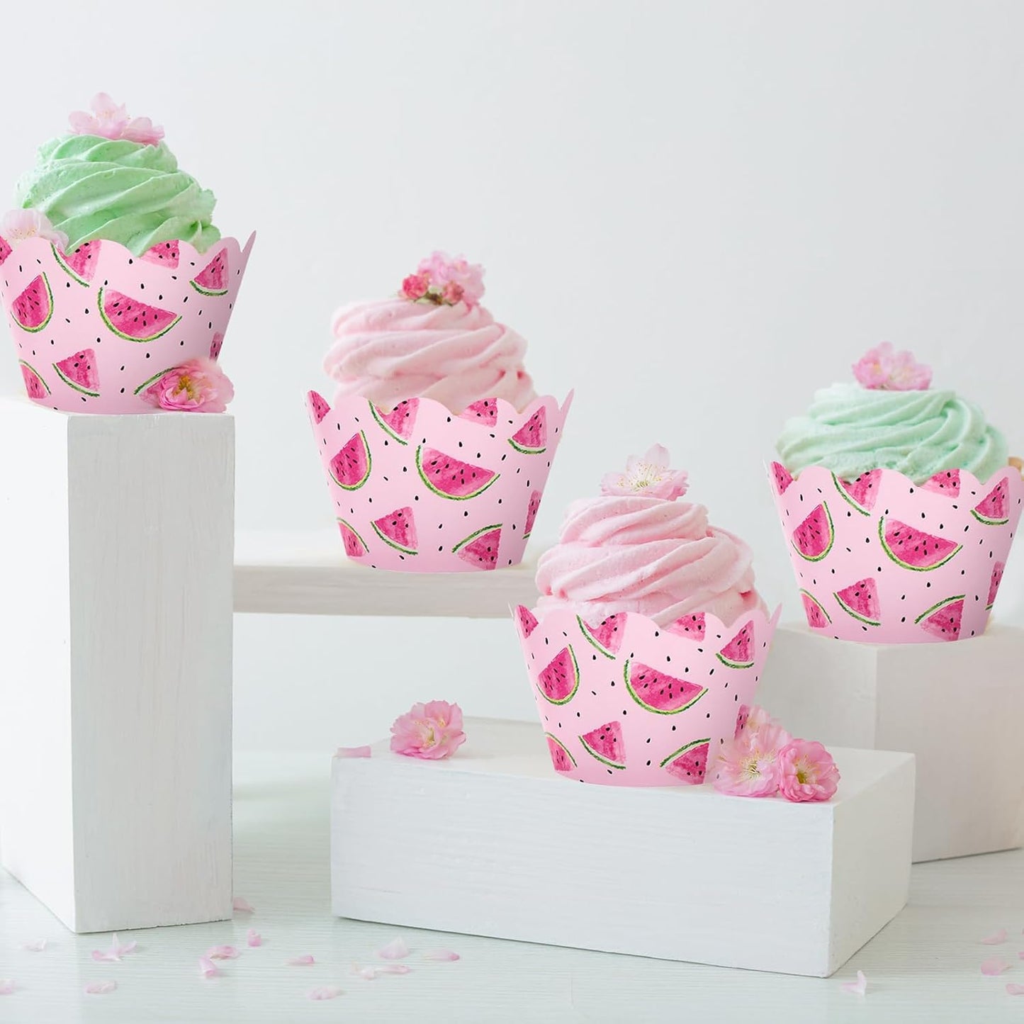 Whaline 36Pcs Watermelon Cupcake Wrappers Watercolor Pink Watermelon Cupcake Liners Decorative Cupcake Holders for Birthday Baby Shower Summer Dessert Decor
