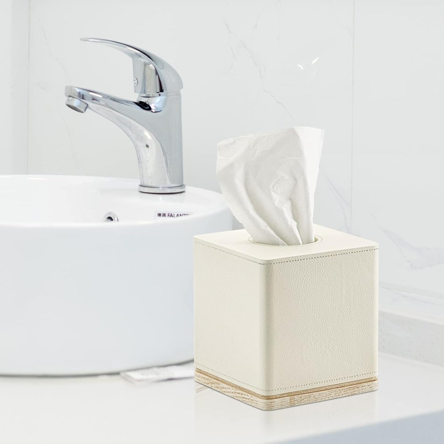 Tissue Box Cover Square Resin Tissue Holder for Home Decor,Hand Carved Beige Leather Cube Tissue Box Holder – 5.5 Inch Heavy Duty Luxury Tissue Box Case for Bathroom, Living Room, Office