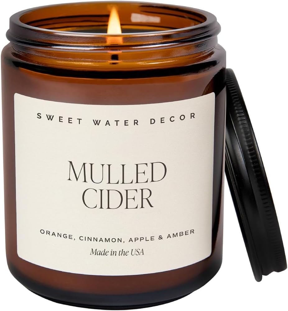 Sweet Water Decor Mulled Cider Candle - Fall Candles with Orange, Cinnamon, Apple, and Amber Scent for Home - Fall Soy Candle with 40 Hours Burn Time - 9Oz Black Lid Amber Jar Mulled Cider Scents