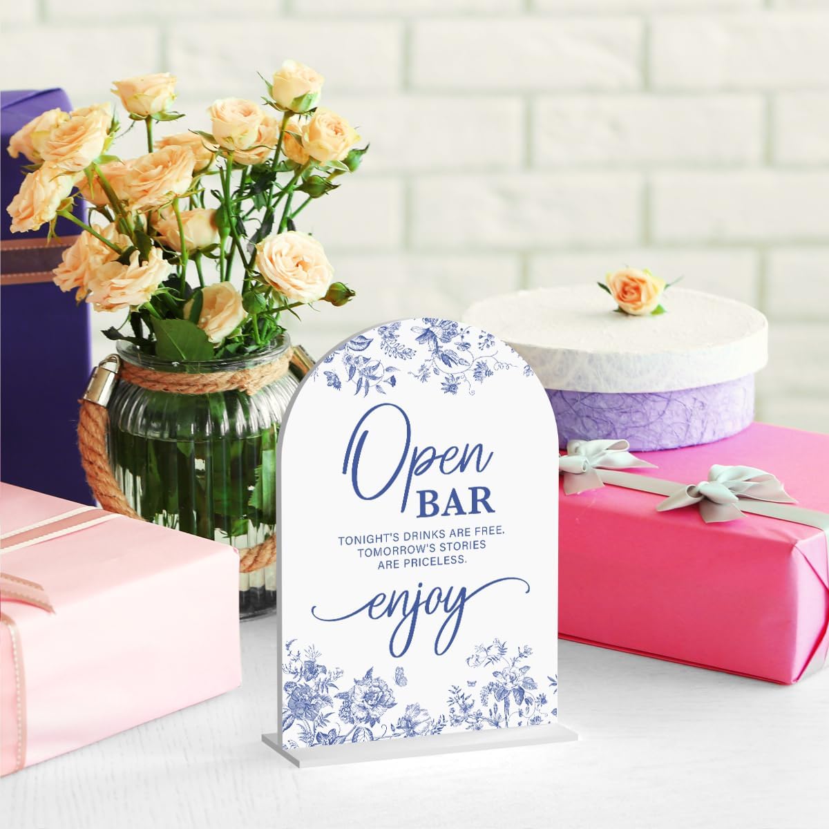 Acrylic Wedding Signs, Dusty Blue Wedding Decor, Blue Weddings Decor, Open Bar Signs for Reception, Modern Calligraphy Arch Acrylic Table Top Sign for Weddings Parties Dinners (White)