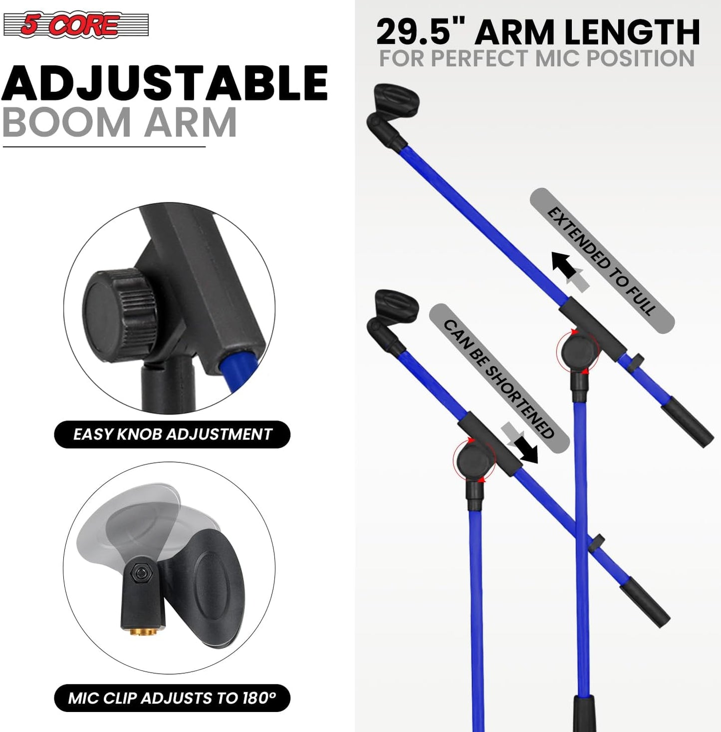 5 Core Tripod Mic Stand Floor Adjustable 18 to 72 Inches Sturdy Boom Arm Holder Microphone Stands Pedestal Para Microfono for Singing - MS 080 SKY D-BLU