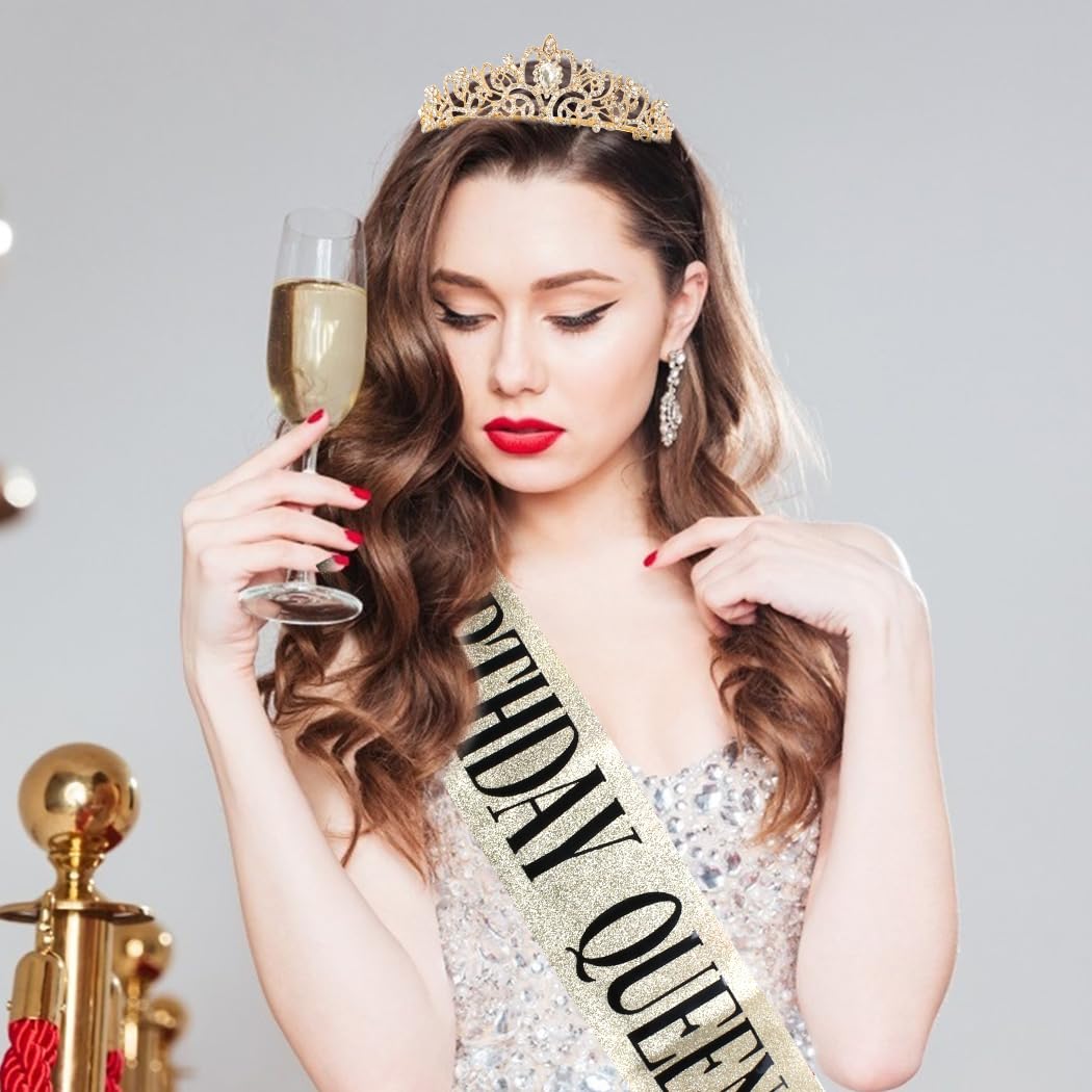 COCIDE Birthday Decorations for Women Sash and Tiara Crown for Party Gold