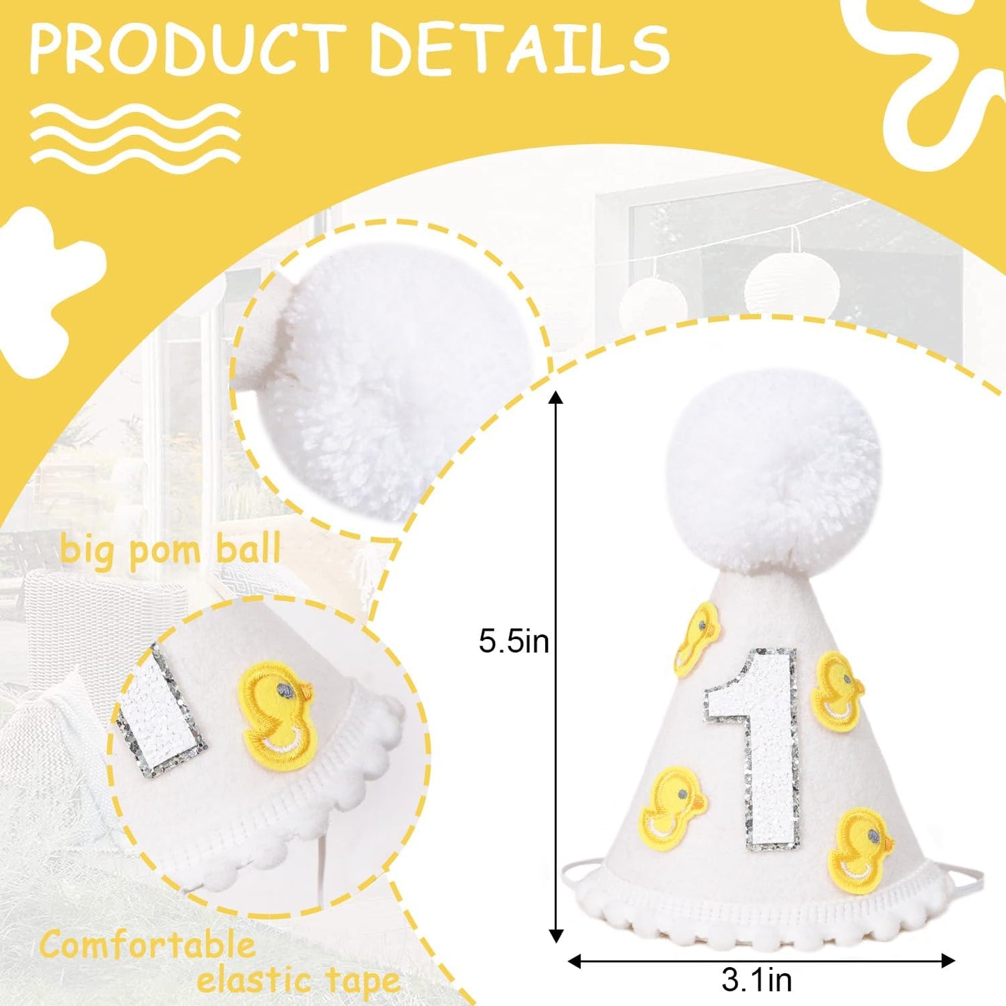 Little Yellow Duck 1st Birthday Party Hat - Duck Themed Cake Smash Decor, Yellow & White Cone Hat for Boys & Girls