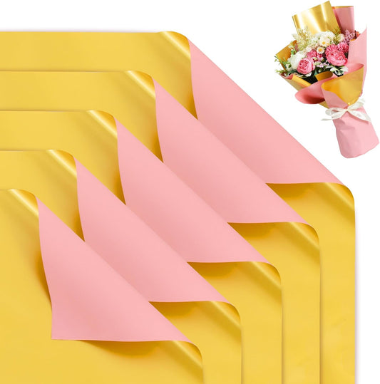 BEISHIDA 20Pcs Pink and Gold Double Sided Floral Wrapping Paper Matte Waterproof Flower Bouquet Wrapping Paper for Floral Wrap Florist Packing Supplies Birthday Valentine's Christmas Gift Wrapping