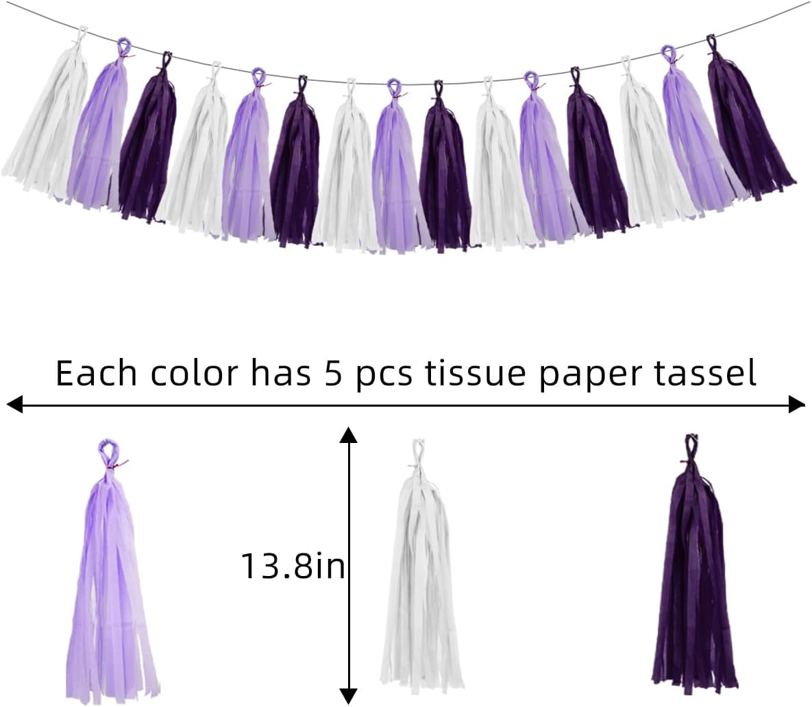 White Purple Party Decorations - 15Pcs Tissue Paper Tassel Garland Birthday Decorations Valentines Day Baby Girl Shower Women Bridal Wedding Engagement Bachelorette Graduation Hanging Decor