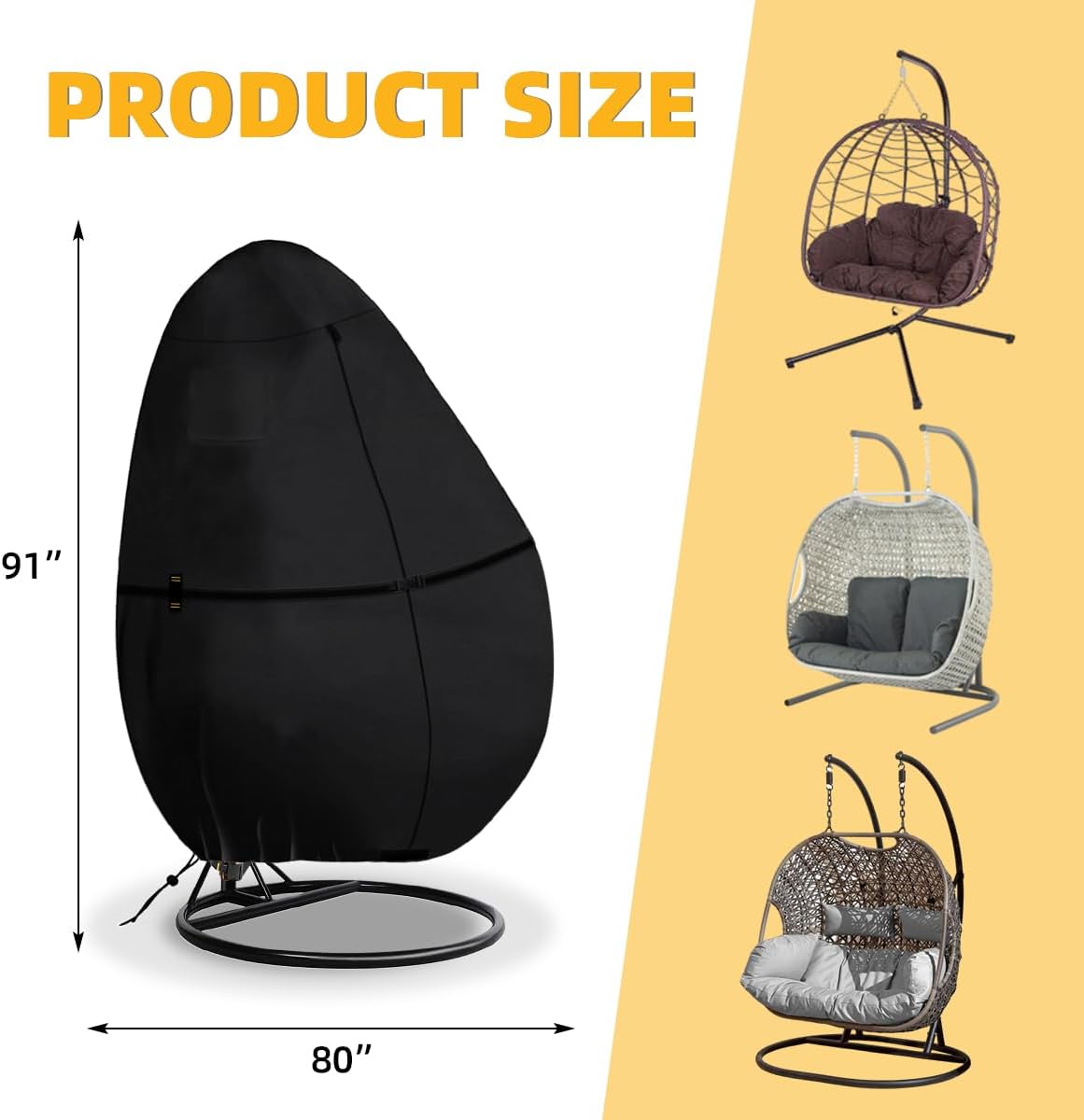 Outdoor Egg Chair Cover Waterproof with Zipper, UV Resistant & Windproof All-Weather Hanging Egg Chair Cover, Fade and Tear Resistant Hanging Chair Covers, 91" x 80", Black
