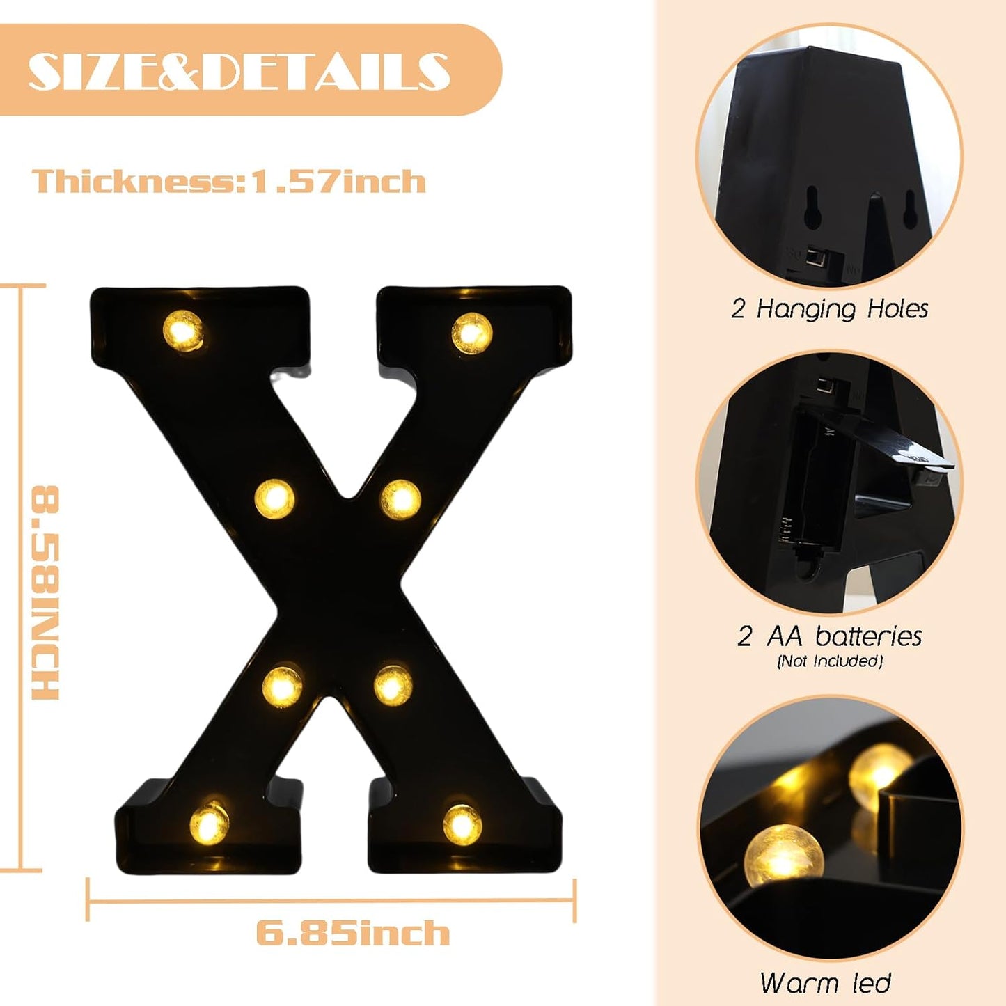 Led Marquee Letters, 8.58 Inch Black Light Up Letters, Small Led Letter Lights, Battery Powered Lighted Letterfor Table, Party, Birthday, Christmas Decor (Black, Letter X)