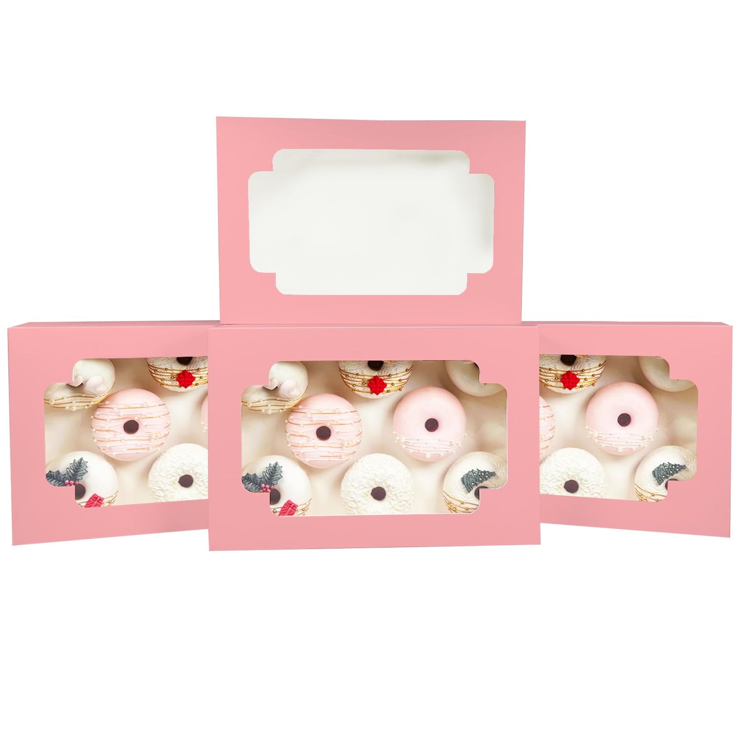 qiqee Auto-pop up Pink Cookie Box with Window 12x8x2.5 inch 32 Packs Two Uses One Second Folding Pastry Biscuit Bakery Box for Packaging