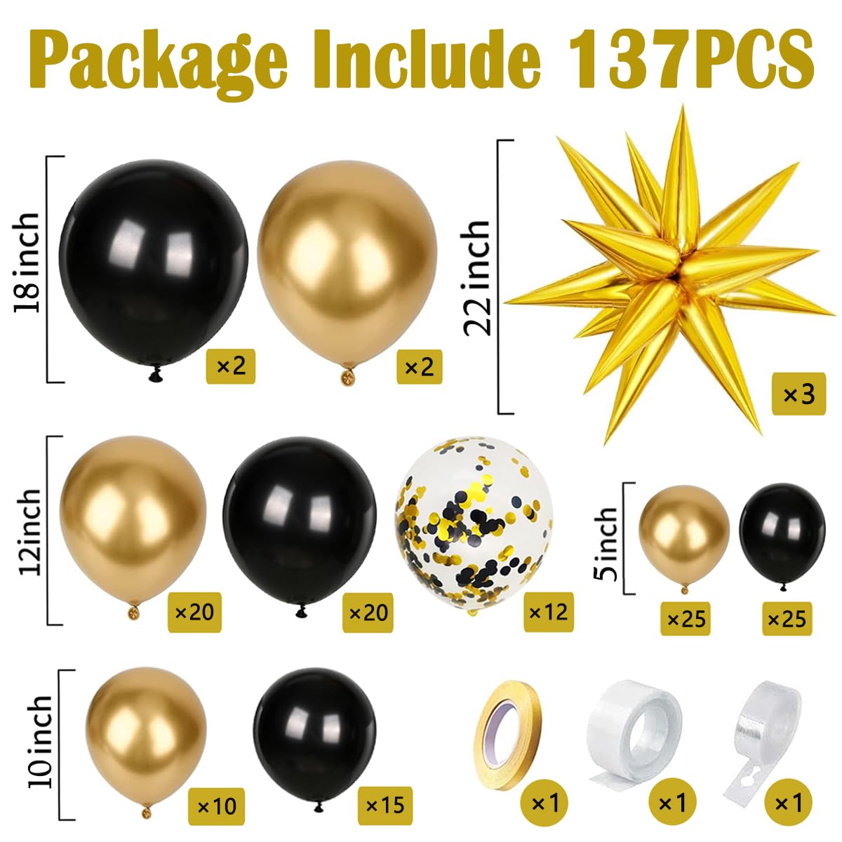 KARLURE Black Gold Balloons Arch Kit Garland with 22Inch Gold Star Balloons