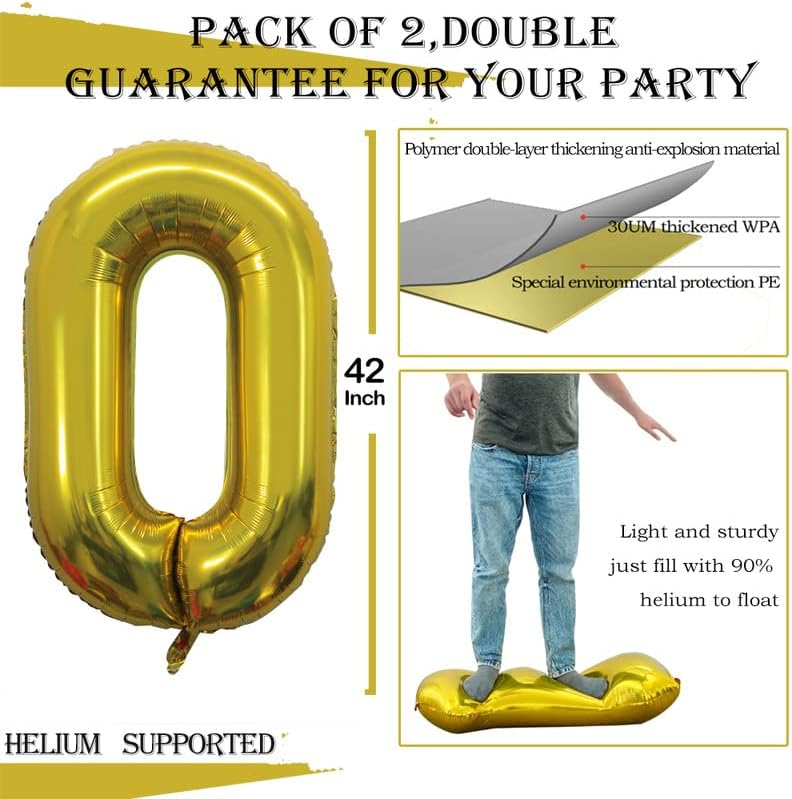 GOER 2 Pcs 42 Inch Gold Foil Balloons Number 0 for 10th 20th 30th 40th 50th 60th 70th 80th 90th 100th Birthday Party Supplies Anniversary Decorations