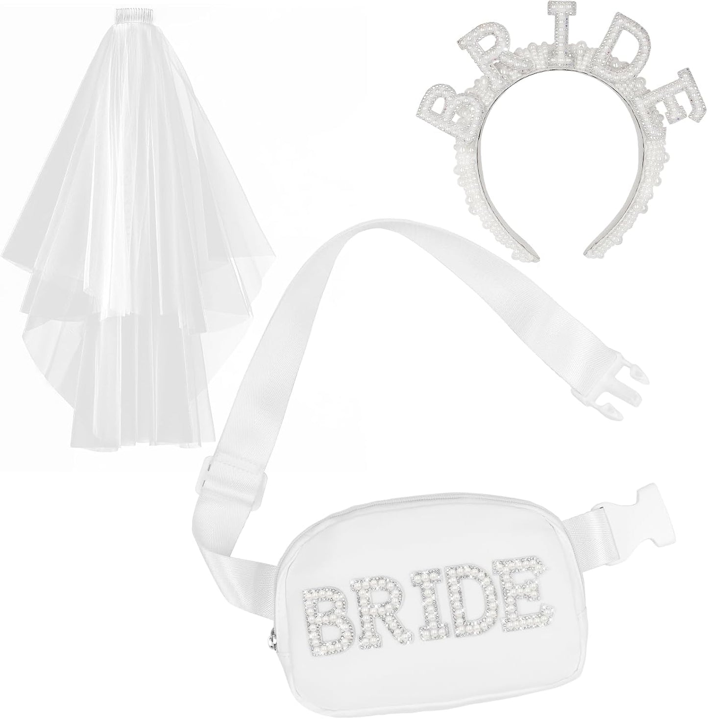 Lamyba 3pcs Bachelorette Party Decorations Bride Veil,Pearl Bride Fanny Pack&Pearl Bride Headband Bachelorette Party Favors/Accessories Bachelorette Gifts for Bride Bridal Shower Gifts