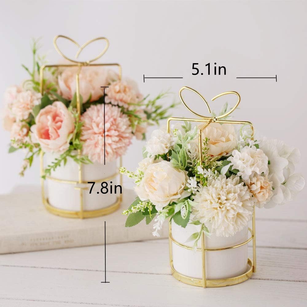 KIRIFLY Fake Artificial Flowers in Vase Faux Peony Silk Hydrangea Flower Centerpieces Décor for Wedding Table Decoration(White in Gold)