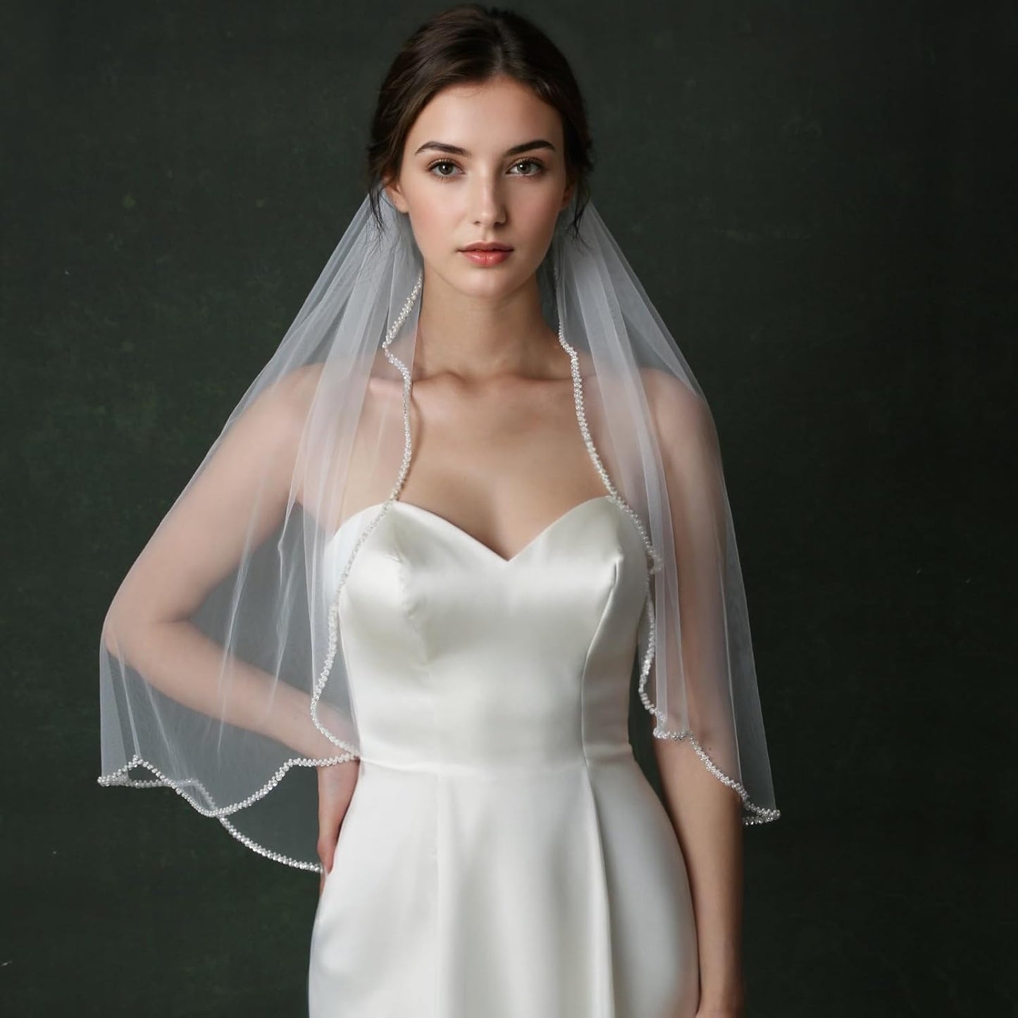 Bridal Veils Pearls and Crystals Beaded Edge Fingertip Length Wedding Veil for Women