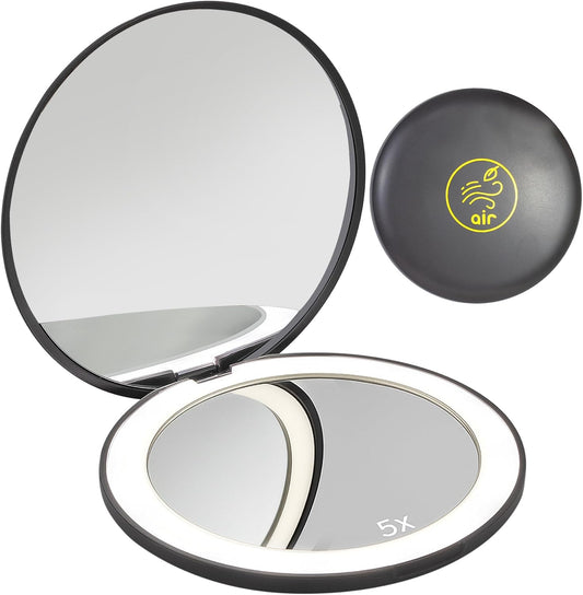 LanJo Lighted Compact Mirror with 1X/5X Magnification, Stepless Dimming & 3 Adjustable Light Settings, Rechargeable Makeup Mirror for Purse, Travel & Gifts – Air Sign Zodiac Design – Charcoal Grey