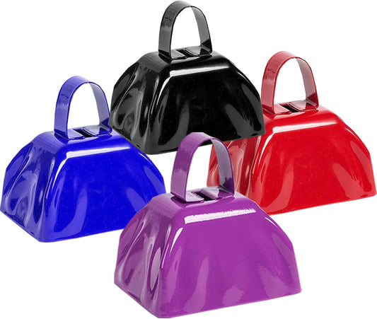 Metal Cow Bell Noise Maker - 3 Inch Pack of 4 - Small Loud Metal Cowbell Noisemaker with Handle - Great for Football Games, Sporting Events, Weddings, New Year's Eve, Birthday Parties