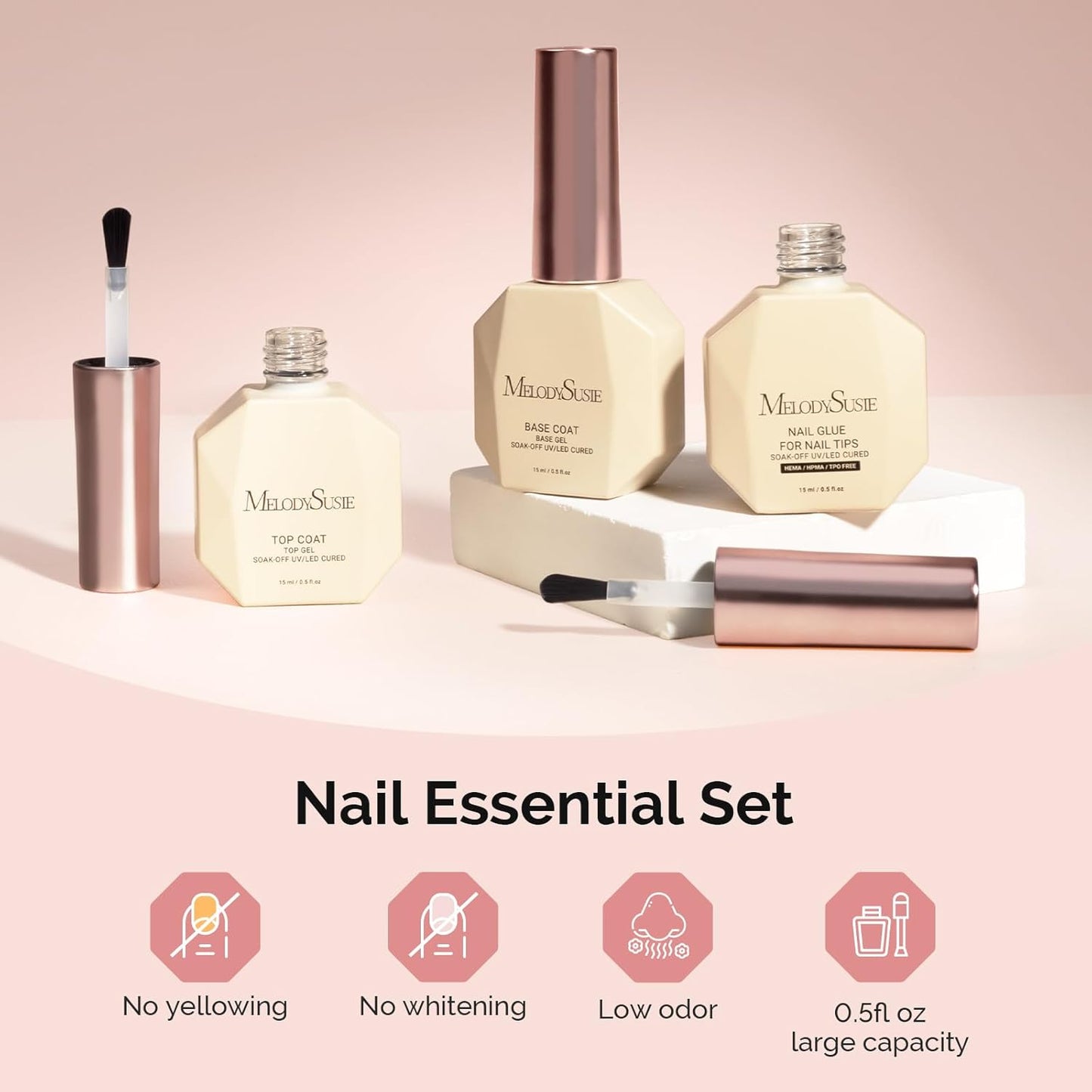 MelodySusie Top Coat Nail Glue Base Coat No Wipe Glossy Set Long Lasting Shine Finish Soak Off UV LED Nail Lamp Nail Art Design Manicure Kit Perfect Gifts for Women Girls 3 Pcs 15ml Clear