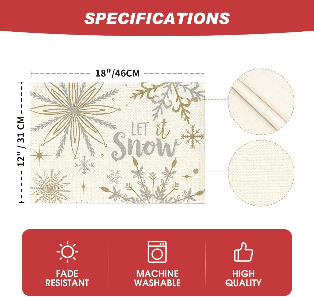 Artoid Mode Beige Snowflake Let It Snow Winter Placemats Set of 8, 12x18 Inch Seasonal Christmas Table Mats for Party Kitchen Dining Decoration