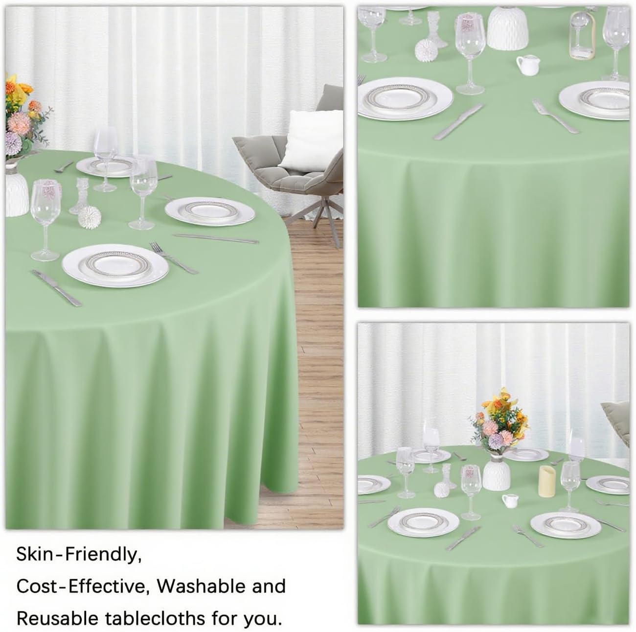 8 Pack Sage Green Round Tablecloth 90 Inch Stain and Wrinkle Resistant Round Sage Green Table Cloth Reusable and Washable Polyester Fabric Table Covers for Buffet Wedding Party and Banquet