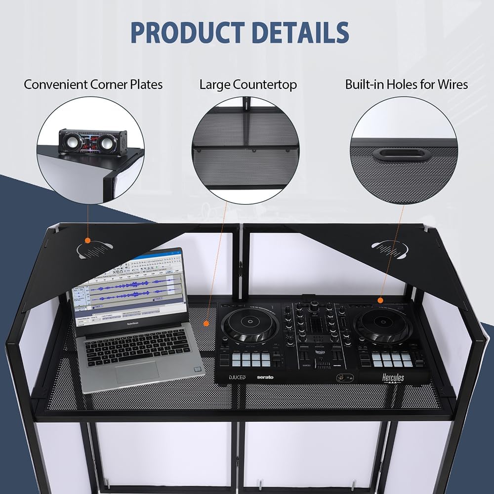 LUCKUP DJ Facade Booth 41"L x 20"W Portable DJ Facade with White & Black Scrim, Foldable DJ Table Station with LED Strips for Party, Black Metal Frame
