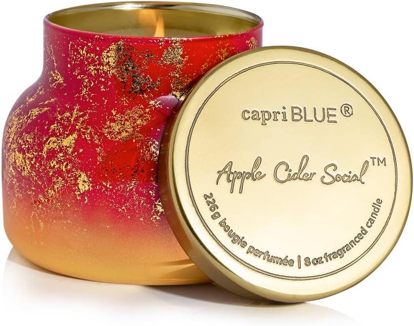 Capri Blue Glimmer Petite Signature Jar Candle - Apple Cider Social Scented Candle with Ombre Glass Candle Holder - Luxury Aromatherapy Candle - Red and Gold (8 oz)