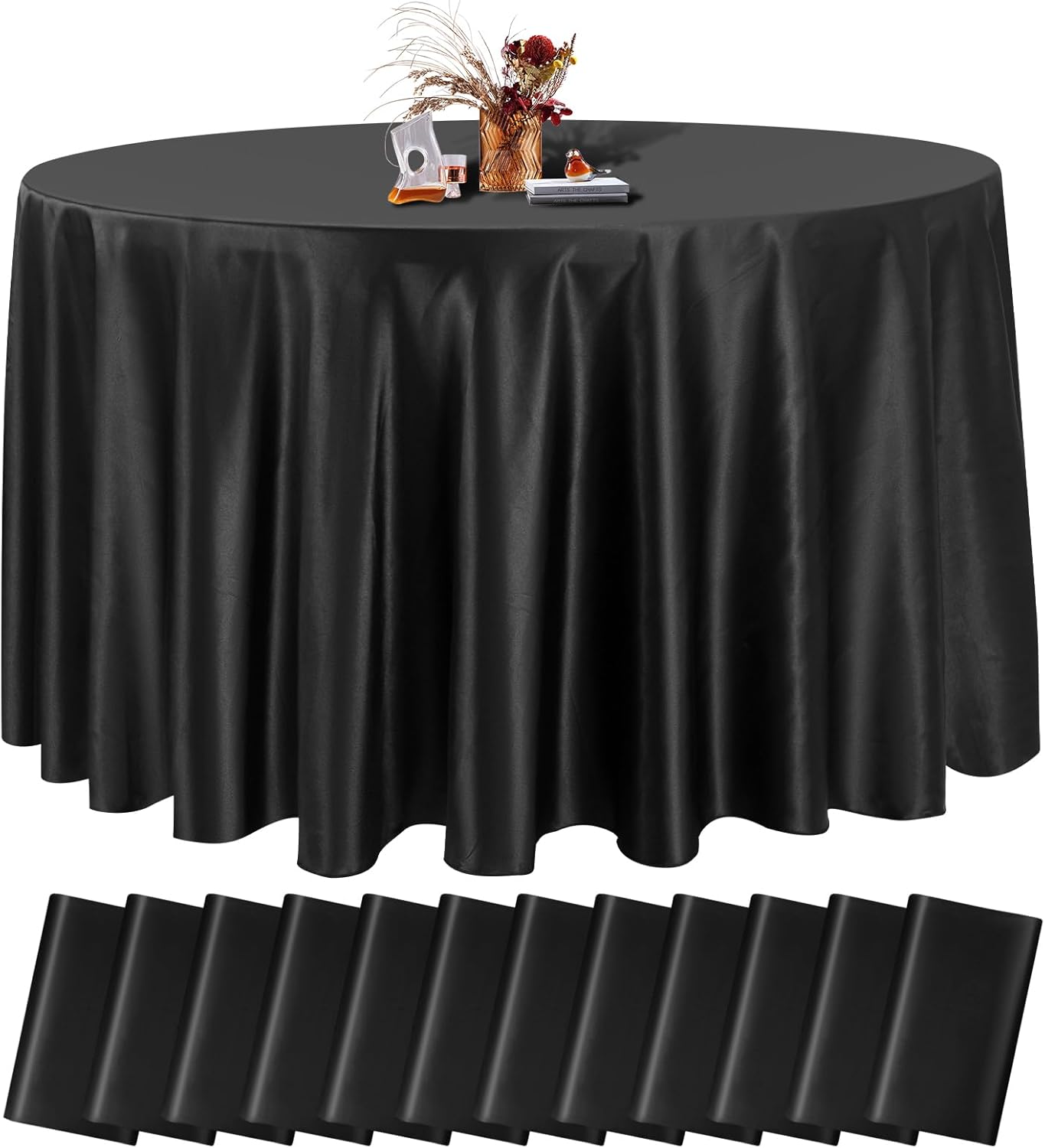 fani 12 Pack 108 Inch Black Satin Tablecloth - Premium Bright Silky Round Tablecloth Overlay Smooth Fabric Table Cover, Table Decoration for Wedding Party Banquet Events Restaurant Kitchen Dining
