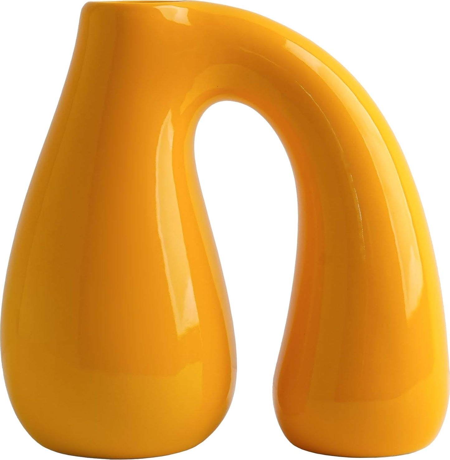 Yellow Ceramic Vase – Glossy Modern Sculptural Décor, Arch Handle Artistic Design, Bright Accent for Living Room, Shelf, or Table (7.5 in, Holds Water)