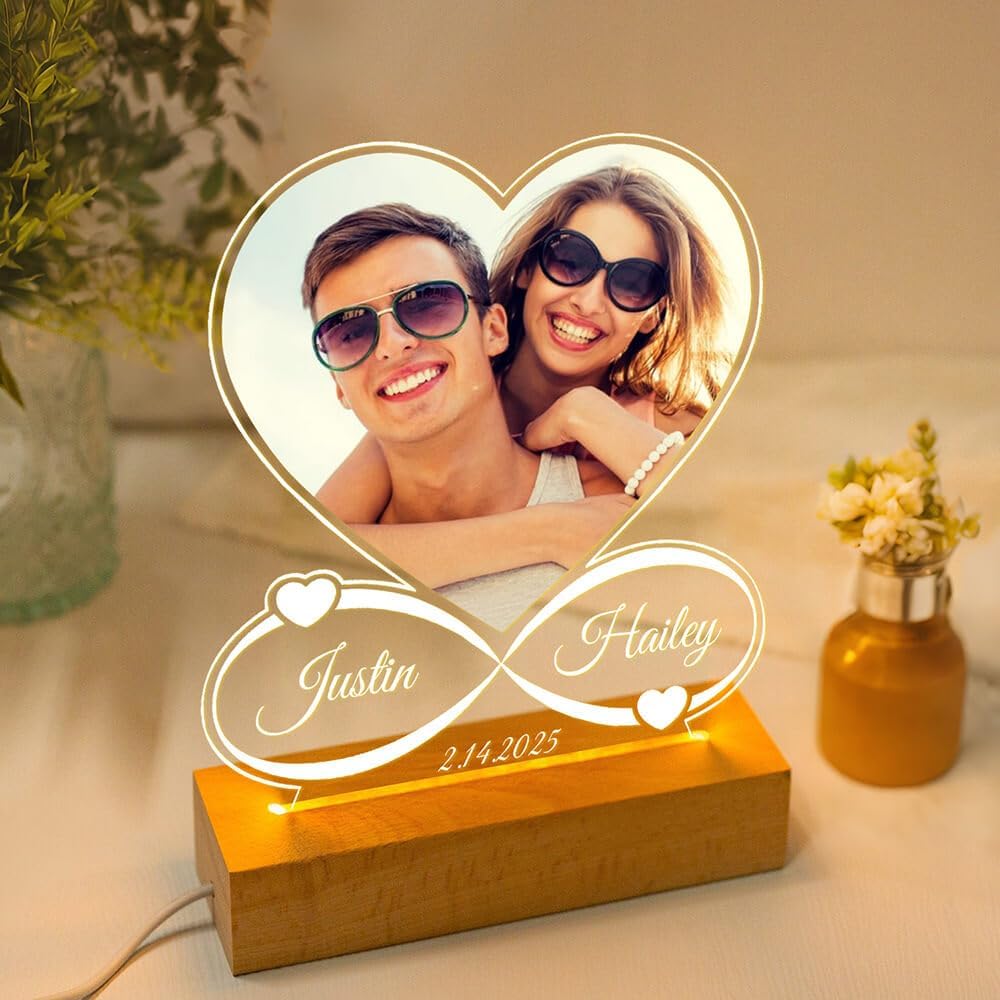 Custom Picture Frame with Photo, Personalized Photo Frame with Night Light, Customized Picture Frames, Personalized Anniversary Couple Gifts for Women Men Her Him Girlfriend Boyfriend